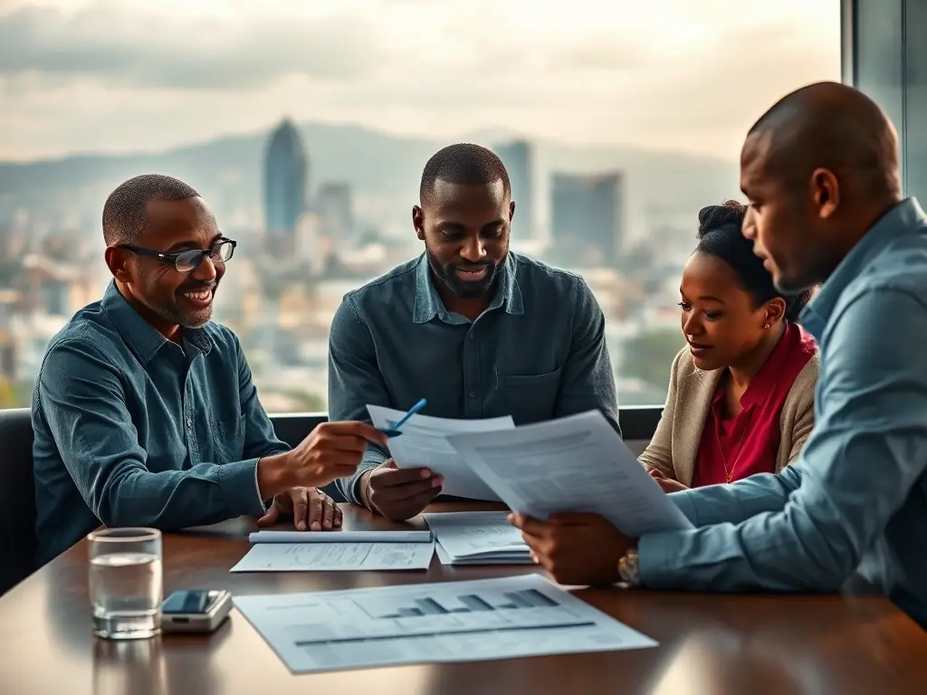 An image of a family reviewing financial documents with a consultant in a South African urban setting, representing detailed financial planning services.