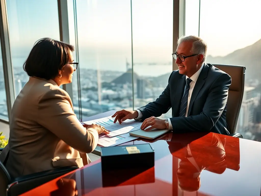 A professional financial advisor discussing wealth management options with a South African client in an office setting, emphasizing personalized wealth management services.
