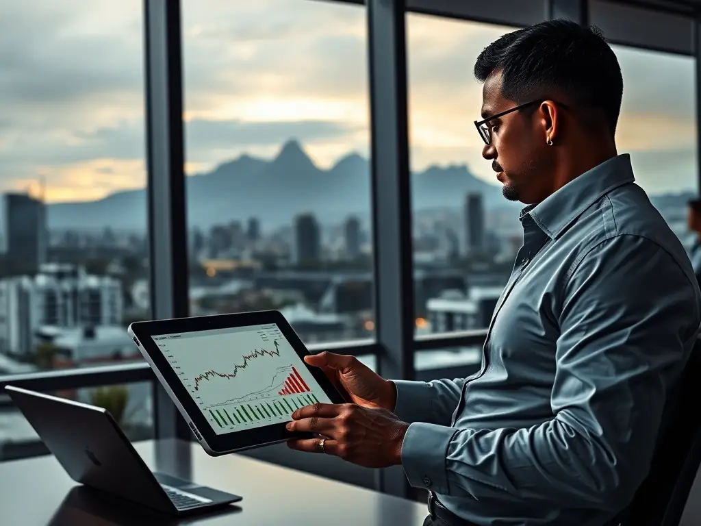 An image of a financial advisor analyzing market data on a digital tablet with South African landmarks in the background, symbolizing expertise in local investment strategies.