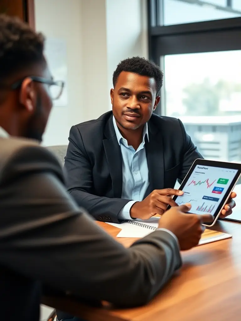 A professional South African financial advisor in a modern office, reviewing investment portfolios with a client, showcasing personalized service.