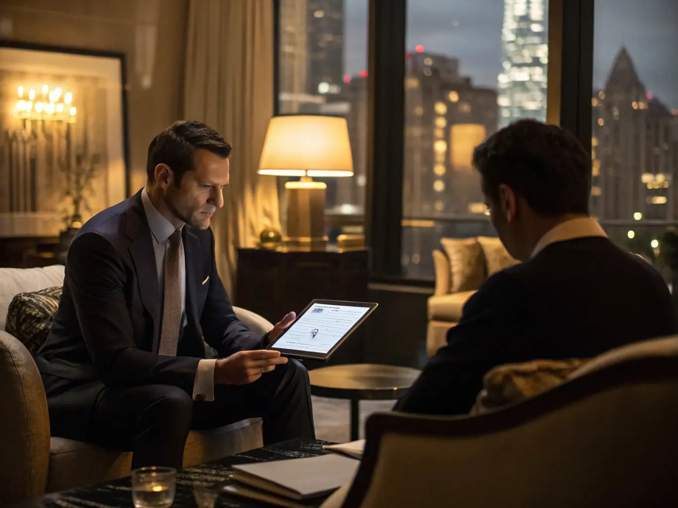 An image of a financial advisor analyzing market data on a digital tablet with South African landmarks in the background, symbolizing investment strategies tailored for the local market.
