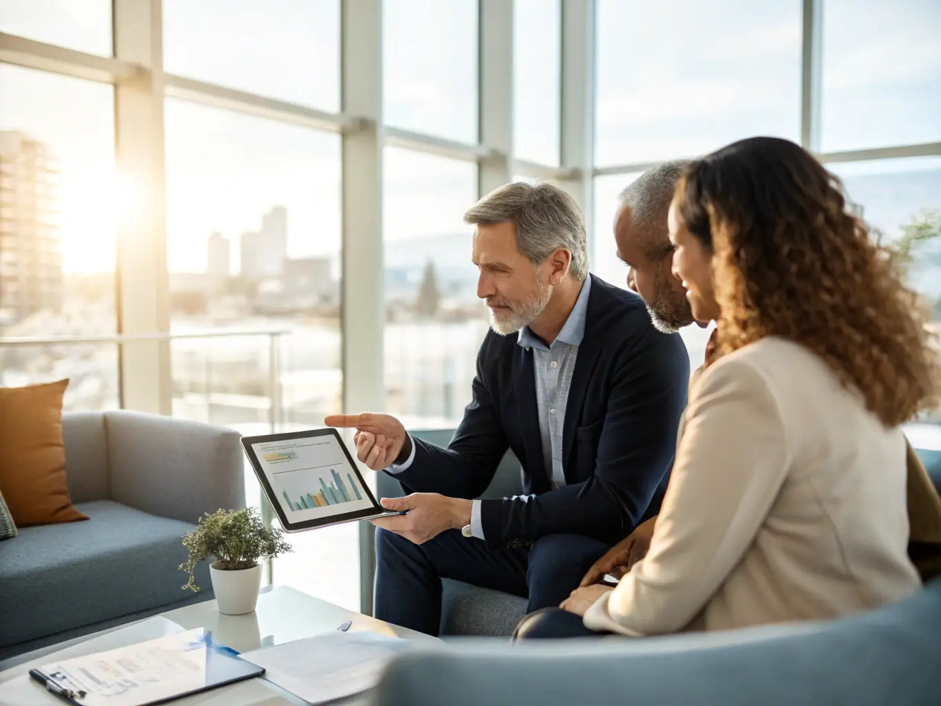 A professional financial advisor discussing wealth management options with a South African client in an office setting, representing personalized wealth management services.